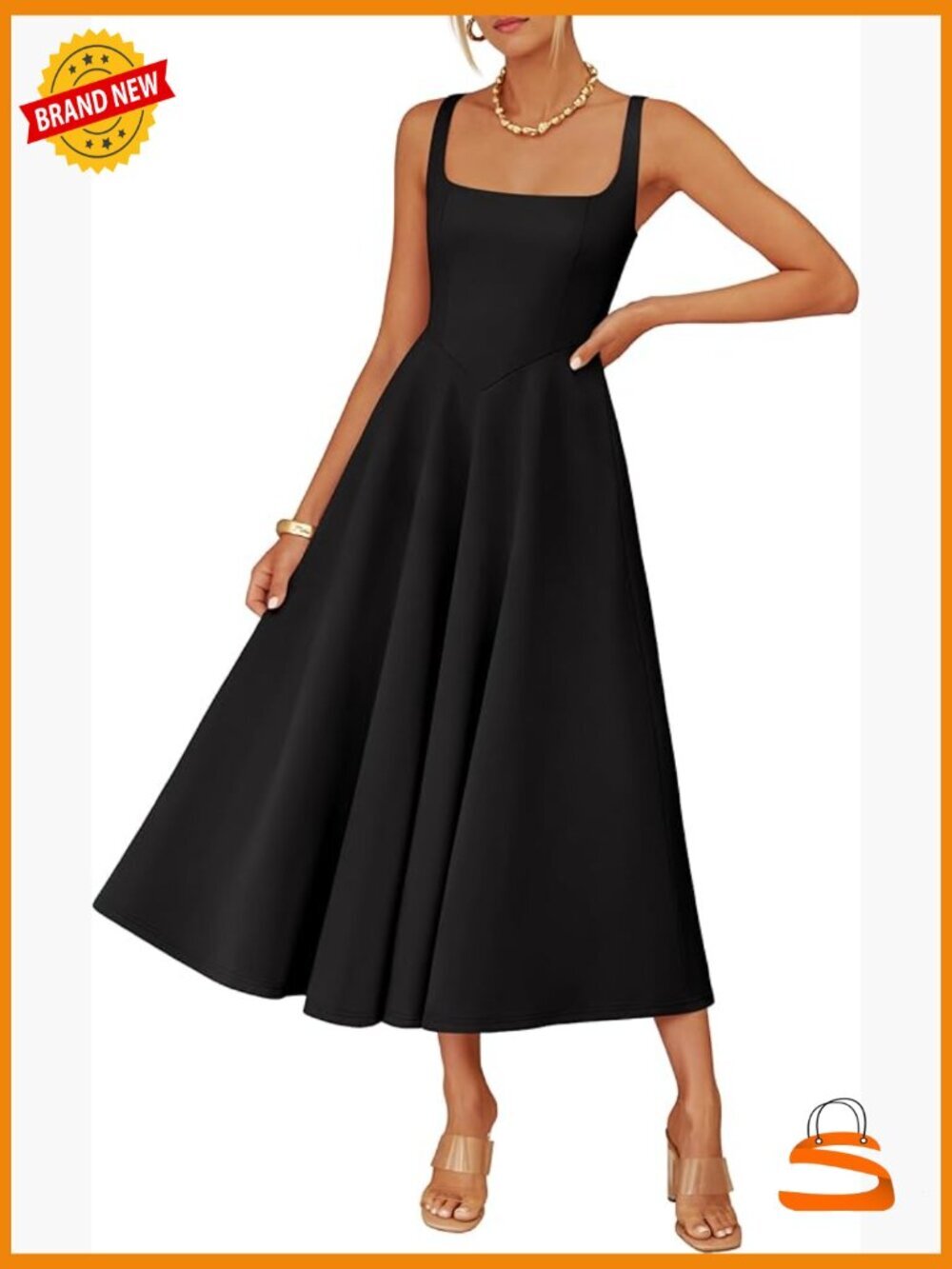 Sleeveless Midi Dress Square Neck Flowy A-Line with Pockets Summer Wedding Guest